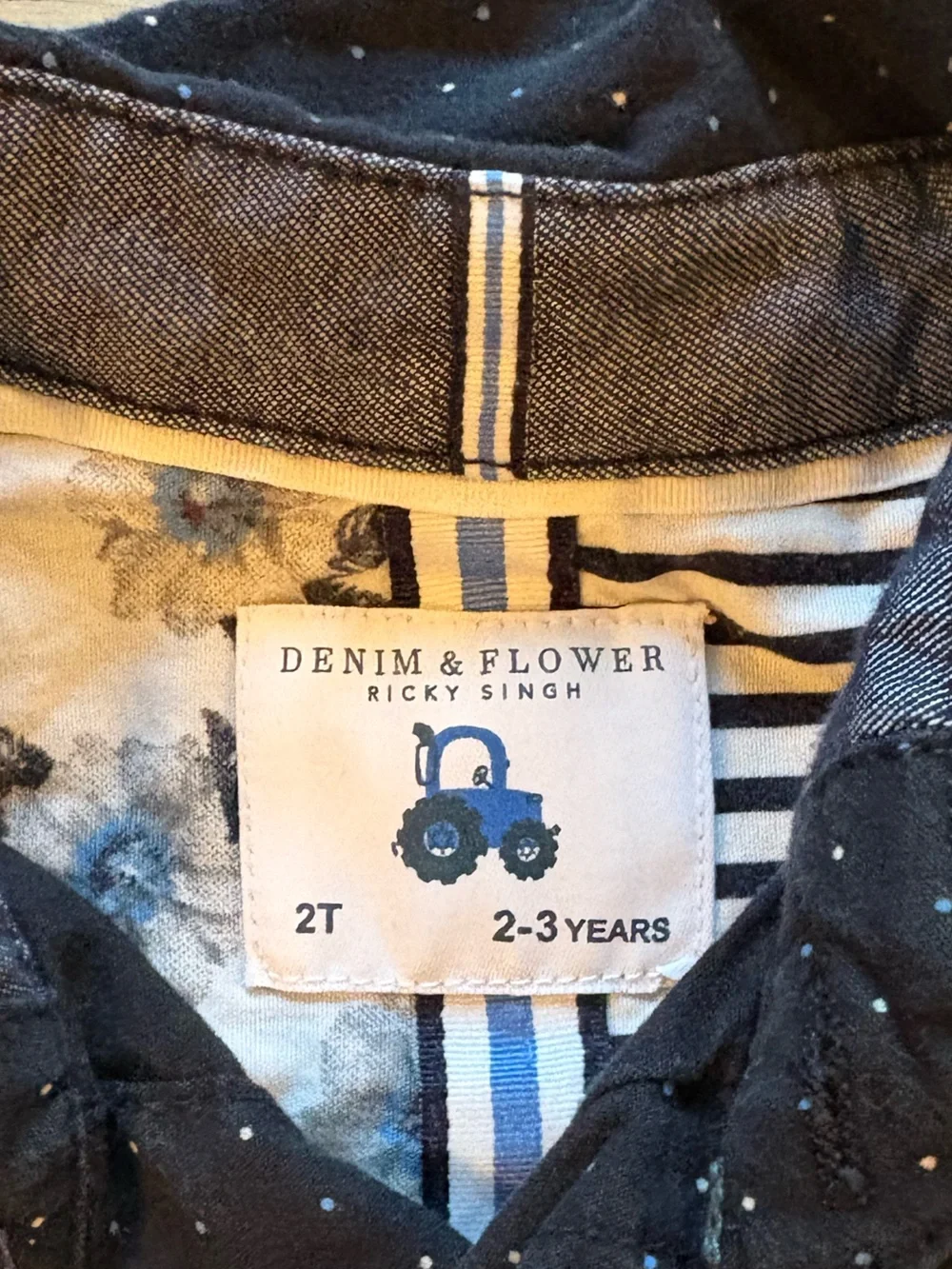 Denim & Flower Navy Short-Sleeve Button-Up Shirt with Micro Dot Print